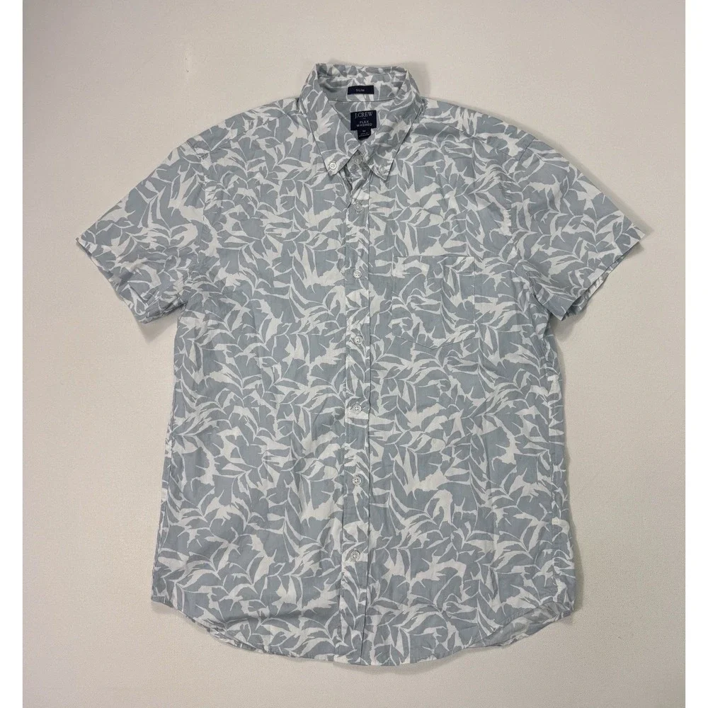 J Crew Flex Washed Slim Fit Mens Medium Floral Button Shirt Tropical Blue Leaf